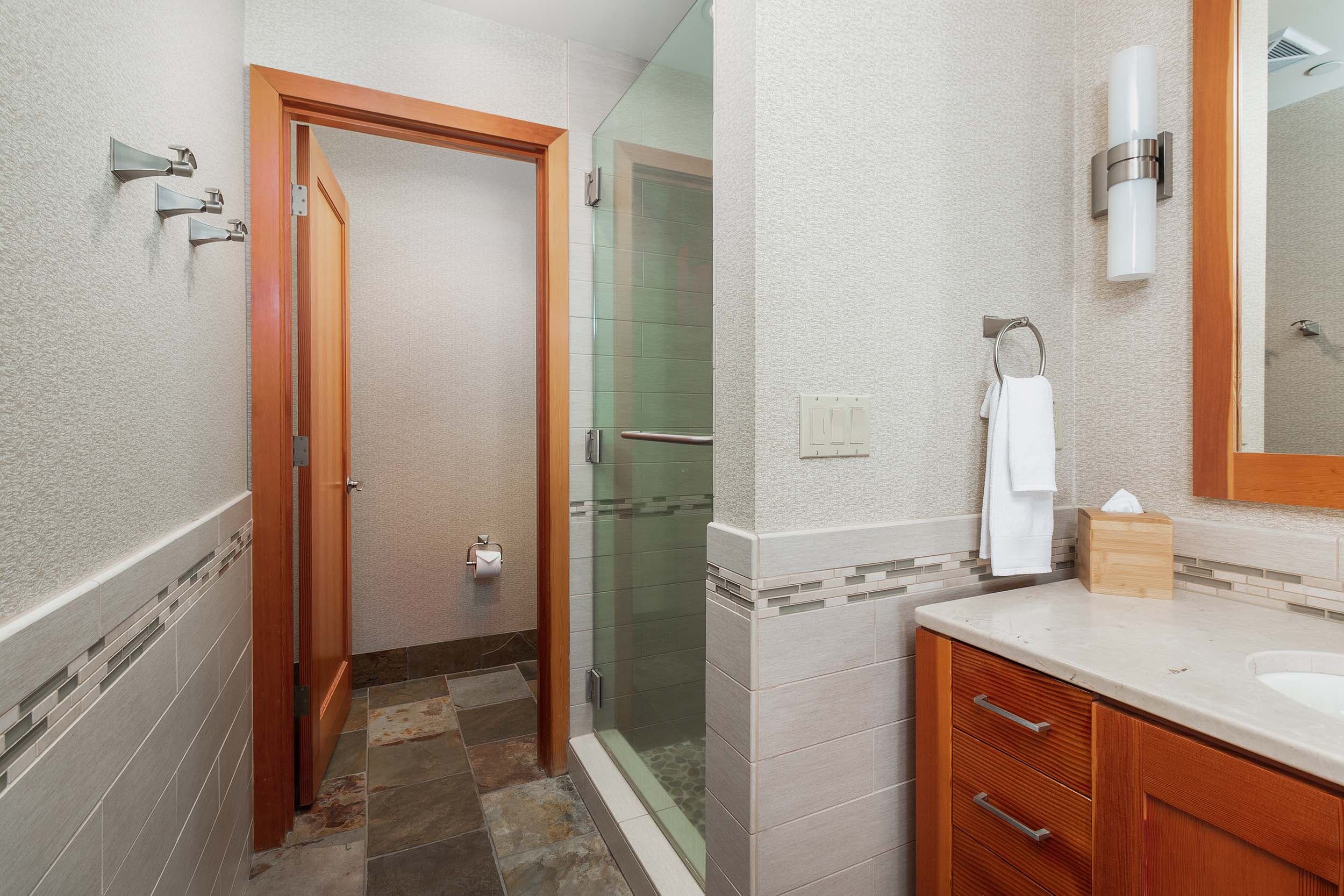 A washroom with a vanity and shower, 2 Bedroom Cottage at Headlands