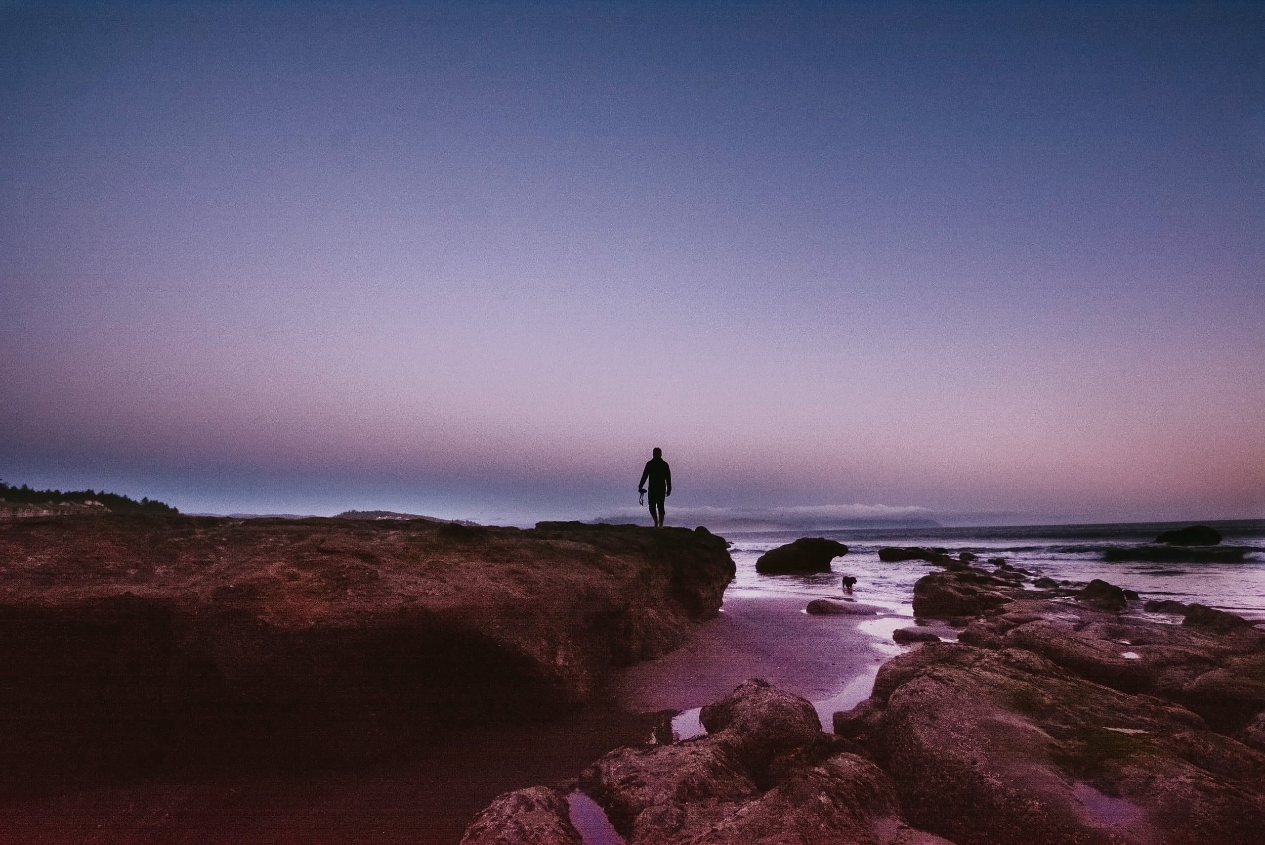 Person and dog on a rocky beach at dusk near Headlands Coastal Lodge & Spa, Pacific City, Oregon coast