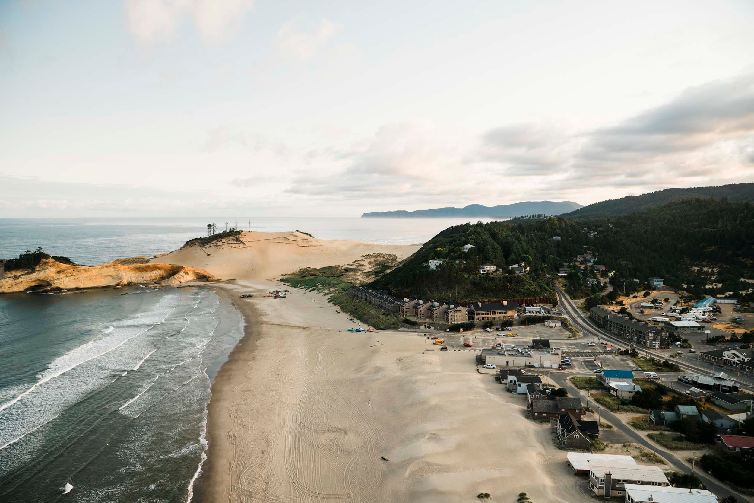 An aerial view of Headlands and the beach