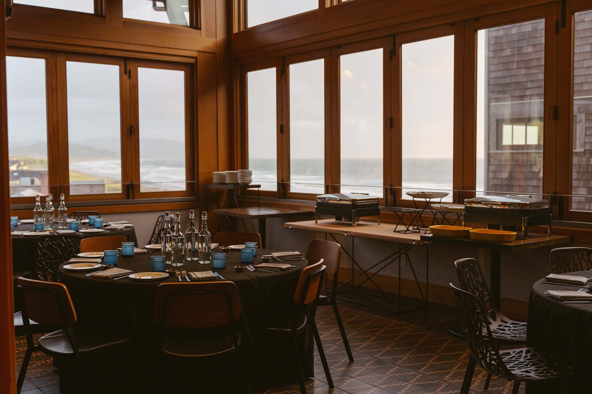 The Fireside Room setup for service at Headlands