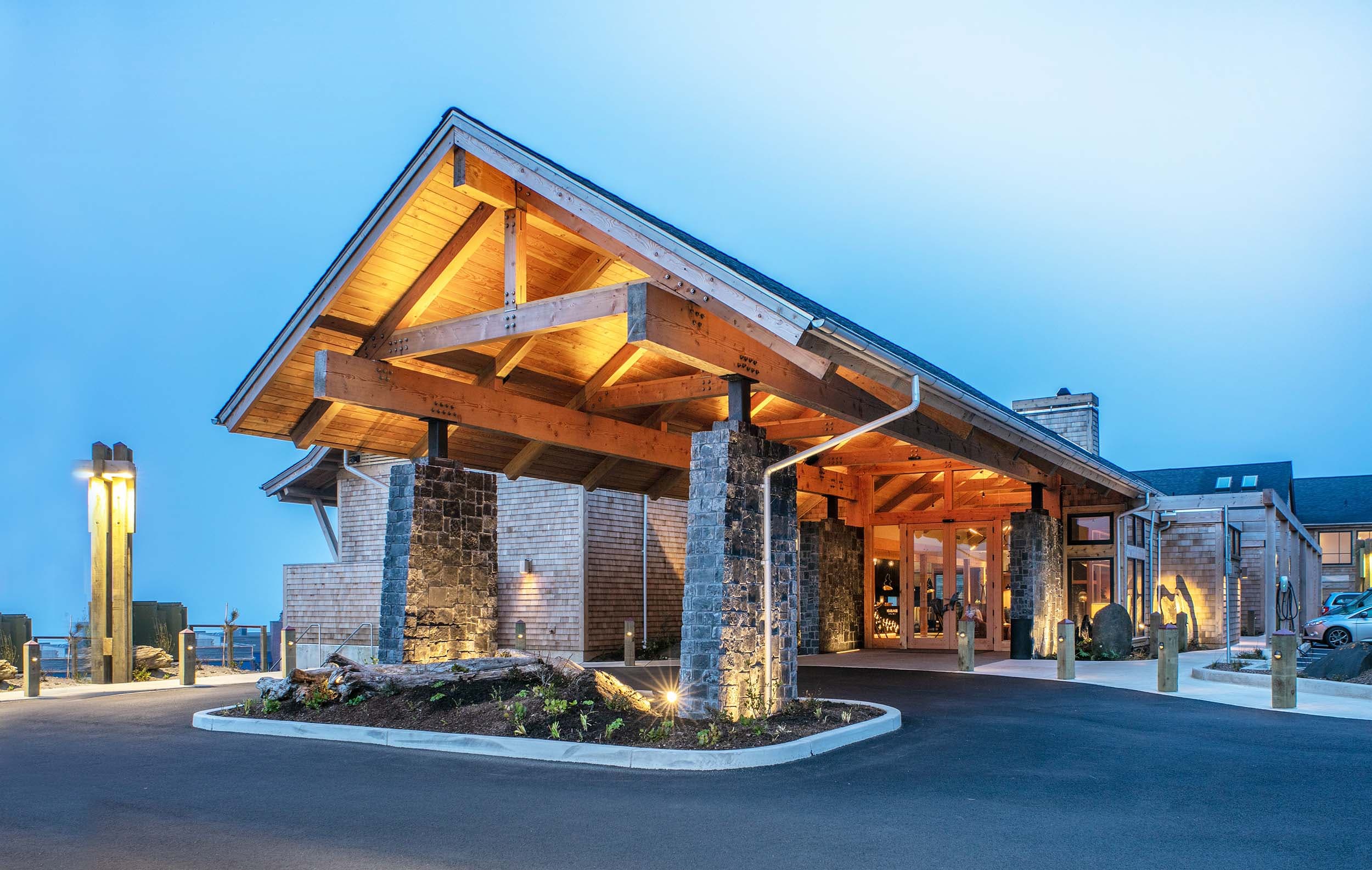 The entrance to Headlands at night with the exterior lights on