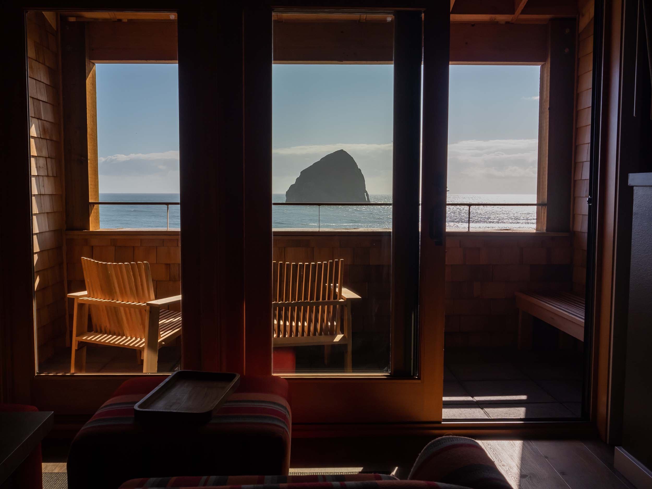 A view of Haystack rock from a room at Headlands