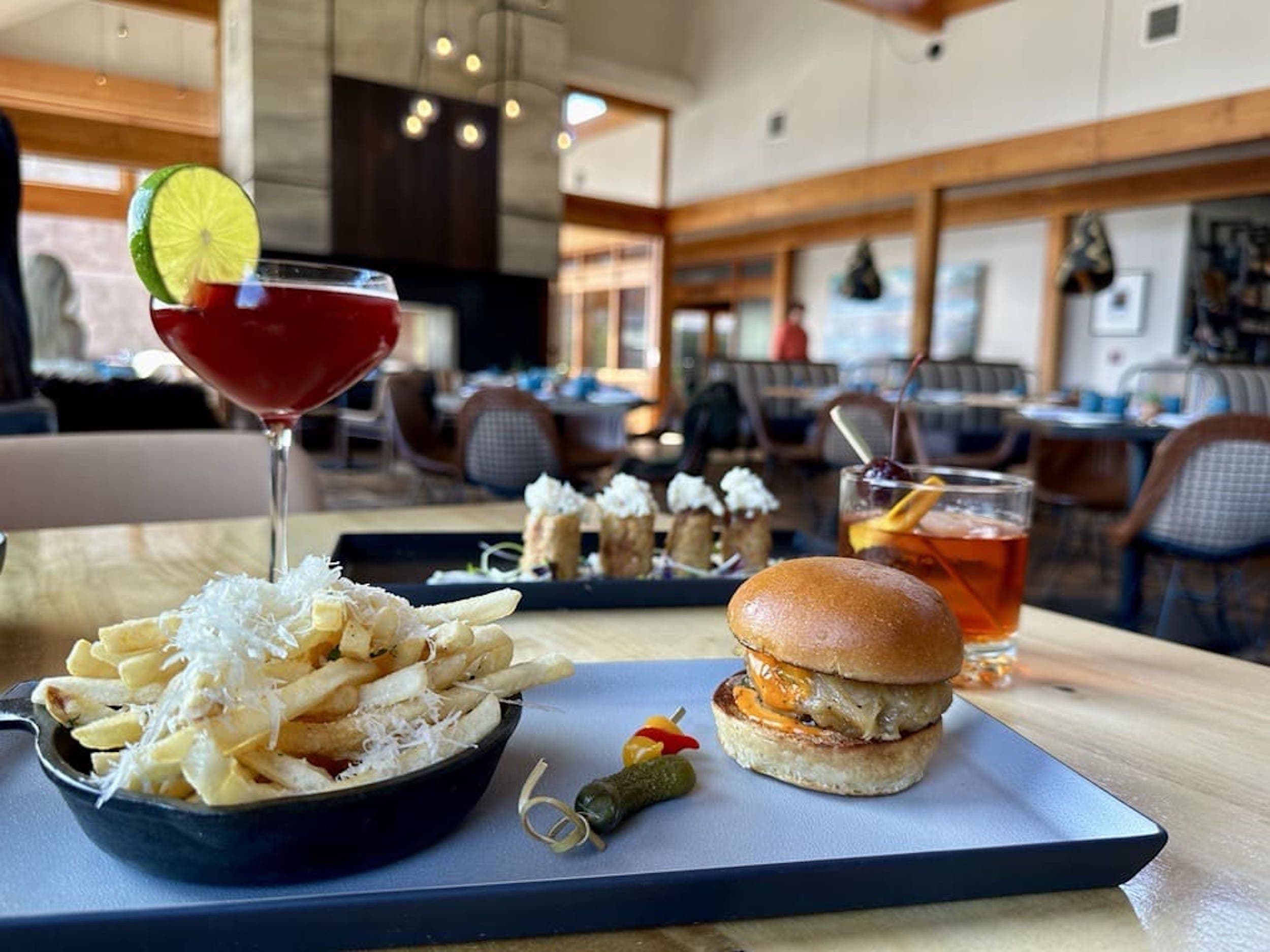 A burger, fries, and 2 cocktails during happy hour at Headlands